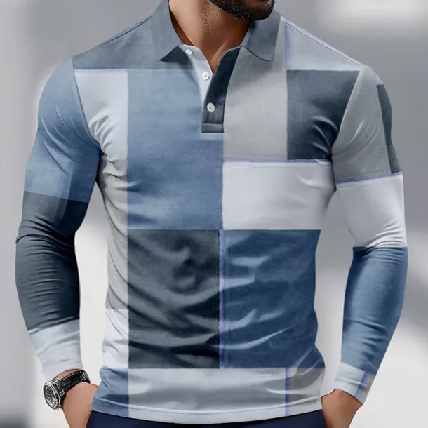 Men's Color Block Polo Long Sleeve Polo Shirts Collared Shirts Business Casual Athleisure Daily Wear 3D Print Spring Fall Blue Purple Brown