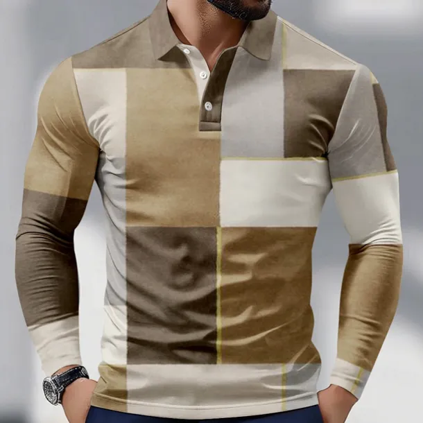 Men's Color Block Polo Long Sleeve Polo Shirts Collared Shirts Business Casual Athleisure Daily Wear 3D Print Spring Fall Blue Purple Brown