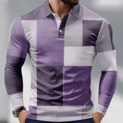 Men's Color Block Polo Long Sleeve Polo Shirts Collared Shirts Business Casual Athleisure Daily Wear 3D Print Spring Fall Blue Purple Brown