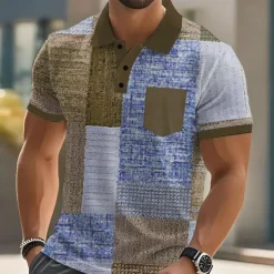 Men's Color Block Polo Short Sleeve Polo Shirts Collared Shirts Business Casual Outdoor Athleisure Daily Wear Buttons Pocket 3D Print Summer Dark Brown Blue Brown