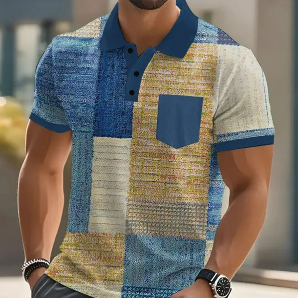 Men's Color Block Polo Short Sleeve Polo Shirts Collared Shirts Business Casual Outdoor Athleisure Daily Wear Buttons Pocket 3D Print Summer Dark Brown Blue Brown