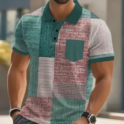 Men's Color Block Polo Short Sleeve Polo Shirts Collared Shirts Business Casual Outdoor Athleisure Daily Wear Buttons Pocket 3D Print Summer Dark Brown Blue Brown