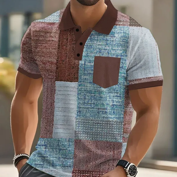 Men's Color Block Polo Short Sleeve Polo Shirts Collared Shirts Business Casual Outdoor Athleisure Daily Wear Buttons Pocket 3D Print Summer Dark Brown Blue Brown
