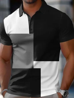 Men's Color Block Rugby Polo Short Sleeve Polo Shirts Collared Shirts Casual School Outdoor Athleisure Daily Wear 3D Print Summer Spring Fall Red Blue Brown