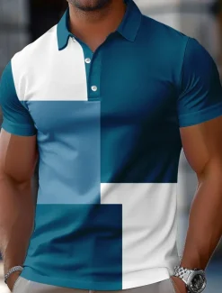 Men's Color Block Rugby Polo Short Sleeve Polo Shirts Collared Shirts Casual School Outdoor Athleisure Daily Wear 3D Print Summer Spring Fall Red Blue Brown