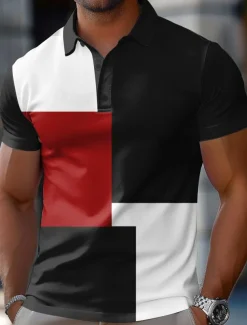 Men's Color Block Rugby Polo Short Sleeve Polo Shirts Collared Shirts Casual School Outdoor Athleisure Daily Wear 3D Print Summer Spring Fall Red Blue Brown
