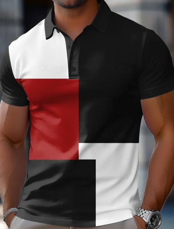 Men's Color Block Rugby Polo Short Sleeve Polo Shirts Collared Shirts Casual School Outdoor Athleisure Daily Wear 3D Print Summer Spring Fall Red Blue Brown