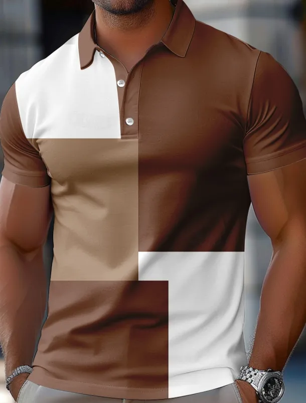 Men's Color Block Rugby Polo Short Sleeve Polo Shirts Collared Shirts Casual School Outdoor Athleisure Daily Wear 3D Print Summer Spring Fall Red Blue Brown