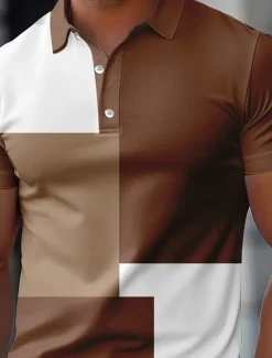 Men's Color Block Rugby Polo Short Sleeve Polo Shirts Collared Shirts Casual School Outdoor Athleisure Daily Wear 3D Print Summer Spring Fall Red Blue Brown