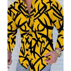 Men's Color Block Striped Geometric Pattern Shirt Button Up Shirt Long Sleeve Fashion Designer Simple Casual Daily Going out Fall Winter Button Down Collar Patchwork Print Button-Down White Yellow