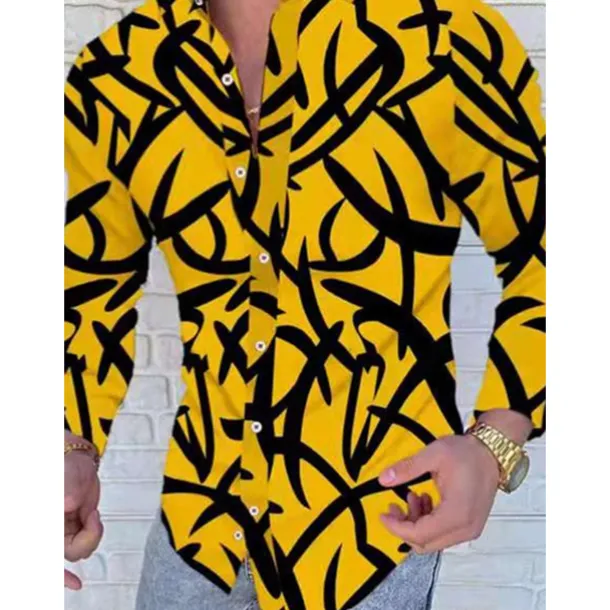 Men's Color Block Striped Geometric Pattern Shirt Button Up Shirt Long Sleeve Fashion Designer Simple Casual Daily Going out Fall Winter Button Down Collar Patchwork Print Button-Down White Yellow