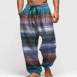 Men's Color Block Striped Trousers Baggy Pants Casual Pants Mid Waist Retro Vintage Outdoor Vacation Elastic Drawstring Waist Linen-Like Pants with Pockets Summer Spring Fall 3D Print Blue Brown Green