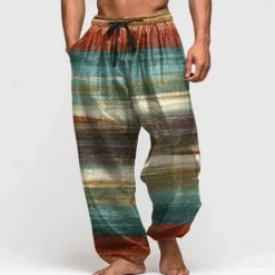 Men's Color Block Striped Trousers Baggy Pants Casual Pants Mid Waist Retro Vintage Outdoor Vacation Elastic Drawstring Waist Linen-Like Pants with Pockets Summer Spring Fall 3D Print Blue Brown Green