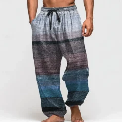 Men's Color Block Striped Trousers Baggy Pants Casual Pants Mid Waist Retro Vintage Outdoor Vacation Elastic Drawstring Waist Linen-Like Pants with Pockets Summer Spring Fall 3D Print Blue Purple