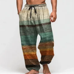 Men's Color Block Striped Trousers Baggy Pants Casual Pants Mid Waist Retro Vintage Outdoor Vacation Elastic Drawstring Waist Linen-Like Pants with Pockets Summer Spring Fall 3D Print Blue Purple