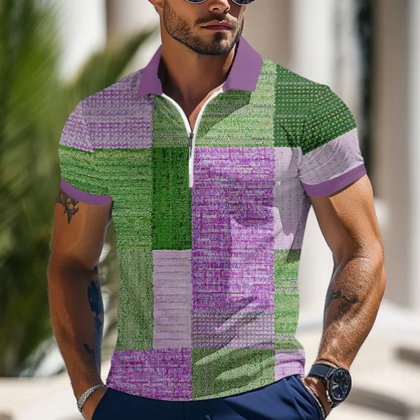 Men's Color Block Zip Polo Shirts Short Sleeve Polo Shirts Lapel Business Casual Outdoor Athleisure 3D Print Summer Blue Green Gray