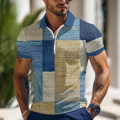 Men's Color Block Zip Polo Shirts Short Sleeve Polo Shirts Lapel Business Casual Outdoor Athleisure 3D Print Summer Blue Green Gray