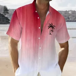 Men's Color Gradient Palm Tree Tropical Plants Summer Hawaiian Shirt Aloha Shirt Short Sleeve Shirt Vacation Hawaiian Outdoor Vacation Hawaiian Red Blue Brown S M L
