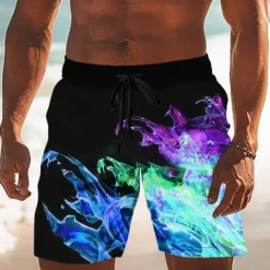 Men's Colorful Flame Swim Trunks Swim Shorts Board Shorts Mid Waist Casual Outdoor Vacation Dailywear Side Pockets Mesh Lining Elastic Drawstring Waist Designer Clothing Apparel