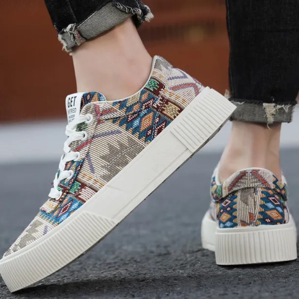 Men's Colorful Tribal Pattern Sneakers – Stylish Lace-Up Casual Shoes for Everyday Wear and Outdoor Activities