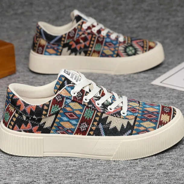 Men's Colorful Tribal Pattern Sneakers – Stylish Lace-Up Casual Shoes for Everyday Wear and Outdoor Activities
