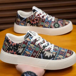 Men's Colorful Tribal Pattern Sneakers – Stylish Lace-Up Casual Shoes for Everyday Wear and Outdoor Activities
