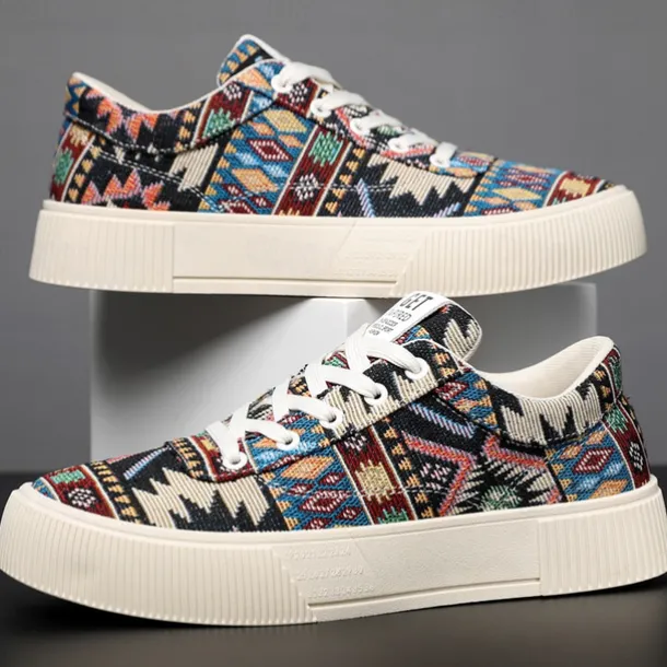 Men's Colorful Tribal Pattern Sneakers – Stylish Lace-Up Casual Shoes for Everyday Wear and Outdoor Activities