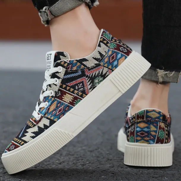 Men's Colorful Tribal Pattern Sneakers – Stylish Lace-Up Casual Shoes for Everyday Wear and Outdoor Activities