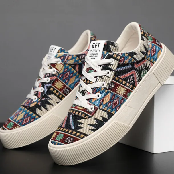 Men's Colorful Tribal Pattern Sneakers – Stylish Lace-Up Casual Shoes for Everyday Wear and Outdoor Activities