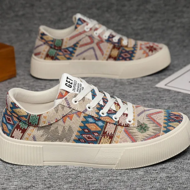 Men's Colorful Tribal Pattern Sneakers – Stylish Lace-Up Casual Shoes for Everyday Wear and Outdoor Activities