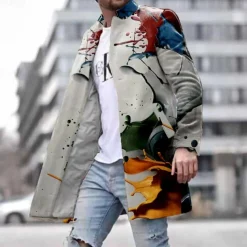 Men's Colorful Winter Coat Fleece Jacket Overcoat Thermal Comfortable Artistic Casual Outdoor Street Daily Wear Buttons 3D Print Front Pocket Winter Turndown Long Sleeve Multi Color