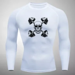 Men's Compression Shirt Athletic Shirt Gym Shirt Fitness Shirt Long Sleeve Tee Tshirt Casual Athleisure Fall Breathable Quick Dry Soft Gym Workout Running Walking Sportswear Activewear Skull White