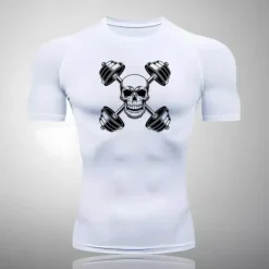 Men's Compression Shirt Athletic Shirt Gym Shirt Fitness Shirt Short Sleeve Tee Tshirt Casual Athleisure Breathable Quick Dry Soft Gym Workout Running Walking Sportswear Activewear Skull White Red