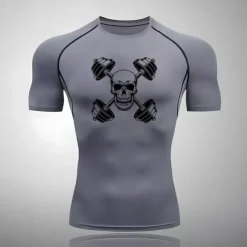 Men's Compression Shirt Athletic Shirt Gym Shirt Fitness Shirt Short Sleeve Tee Tshirt Casual Athleisure Breathable Quick Dry Soft Gym Workout Running Walking Sportswear Activewear Skull White Red