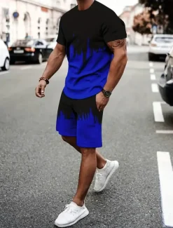 Men's Contrast Color 2pcs Tees sets Summer Tops Short Sleeve Short Pants Crew Neck Athleisure Vacation Sports & Outdoor Casual Daily Crewneck Summer Robin's Egg Blue Grey Yellow