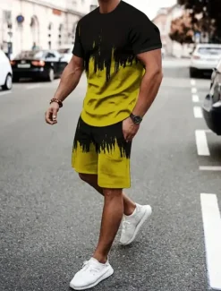 Men's Contrast Color 2pcs Tees sets Summer Tops Short Sleeve Short Pants Crew Neck Athleisure Vacation Sports & Outdoor Casual Daily Crewneck Summer Robin's Egg Blue Grey Yellow
