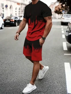 Men's Contrast Color 2pcs Tees sets Summer Tops Short Sleeve Short Pants Crew Neck Athleisure Vacation Sports & Outdoor Casual Daily Crewneck Summer Robin's Egg Blue Grey Yellow