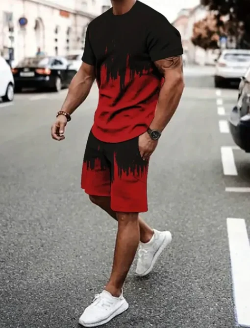 Men's Contrast Color 2pcs Tees sets Summer Tops Short Sleeve Short Pants Crew Neck Athleisure Vacation Sports & Outdoor Casual Daily Crewneck Summer Robin's Egg Blue Grey Yellow