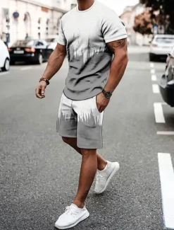 Men's Contrast Color 2pcs Tees sets Summer Tops Short Sleeve Short Pants Crew Neck Athleisure Vacation Sports & Outdoor Casual Daily Crewneck Summer Robin's Egg Blue Grey Yellow