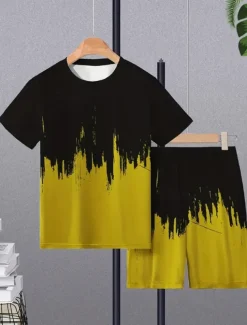 Men's Contrast Color 2pcs Tees sets Summer Tops Short Sleeve Short Pants Crew Neck Athleisure Vacation Sports & Outdoor Casual Daily Crewneck Summer Robin's Egg Blue Grey Yellow