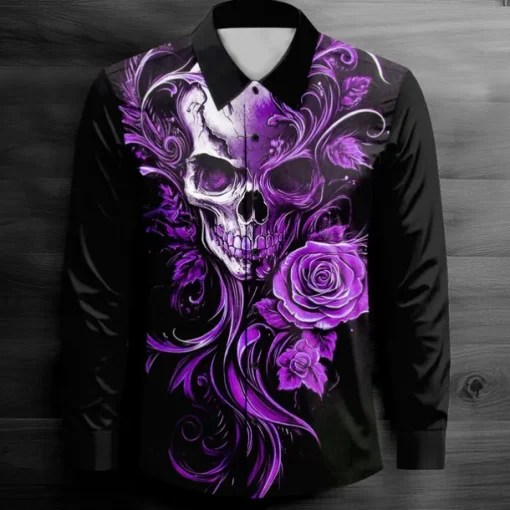 Men's Cool Skulls Casual Shirt Button Up Shirt Long Sleeve Dark Spring Fall Turndown Button Up Red Blue Purple Green Black-white