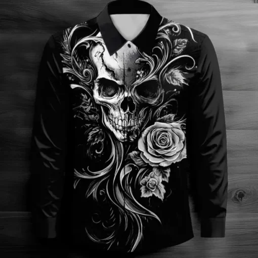 Men's Cool Skulls Casual Shirt Button Up Shirt Long Sleeve Dark Spring Fall Turndown Button Up Red Blue Purple Green Black-white
