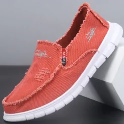Men's Coral Slip-On Canvas Shoes with Frayed Edges – Casual and Comfortable Sneakers for Everyday Wear