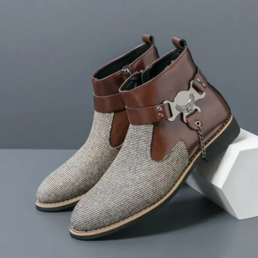 Men's Corduroy and Faux Leather Ankle Boots – Stylish Brown and Blue Design with Metal Eagle Detail, Western Cowboy-Inspired Fashion for Casual and Formal Occasions