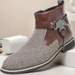 Men's Corduroy and Faux Leather Ankle Boots – Stylish Brown and Blue Design with Metal Eagle Detail, Western Cowboy-Inspired Fashion for Casual and Formal Occasions