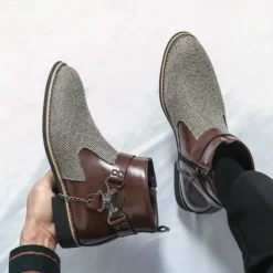 Men's Corduroy and Faux Leather Ankle Boots – Stylish Brown and Blue Design with Metal Eagle Detail, Western Cowboy-Inspired Fashion for Casual and Formal Occasions