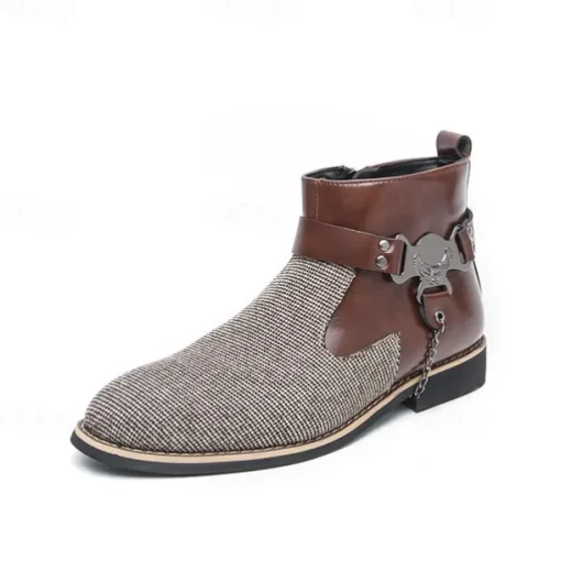Men's Corduroy and Faux Leather Ankle Boots – Stylish Brown and Blue Design with Metal Eagle Detail, Western Cowboy-Inspired Fashion for Casual and Formal Occasions