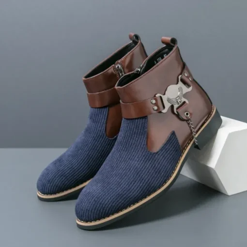 Men's Corduroy and Faux Leather Ankle Boots – Stylish Brown and Blue Design with Metal Eagle Detail, Western Cowboy-Inspired Fashion for Casual and Formal Occasions
