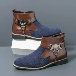 Men's Corduroy and Faux Leather Ankle Boots – Stylish Brown and Blue Design with Metal Eagle Detail, Western Cowboy-Inspired Fashion for Casual and Formal Occasions