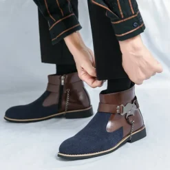 Men's Corduroy and Faux Leather Ankle Boots – Stylish Brown and Blue Design with Metal Eagle Detail, Western Cowboy-Inspired Fashion for Casual and Formal Occasions